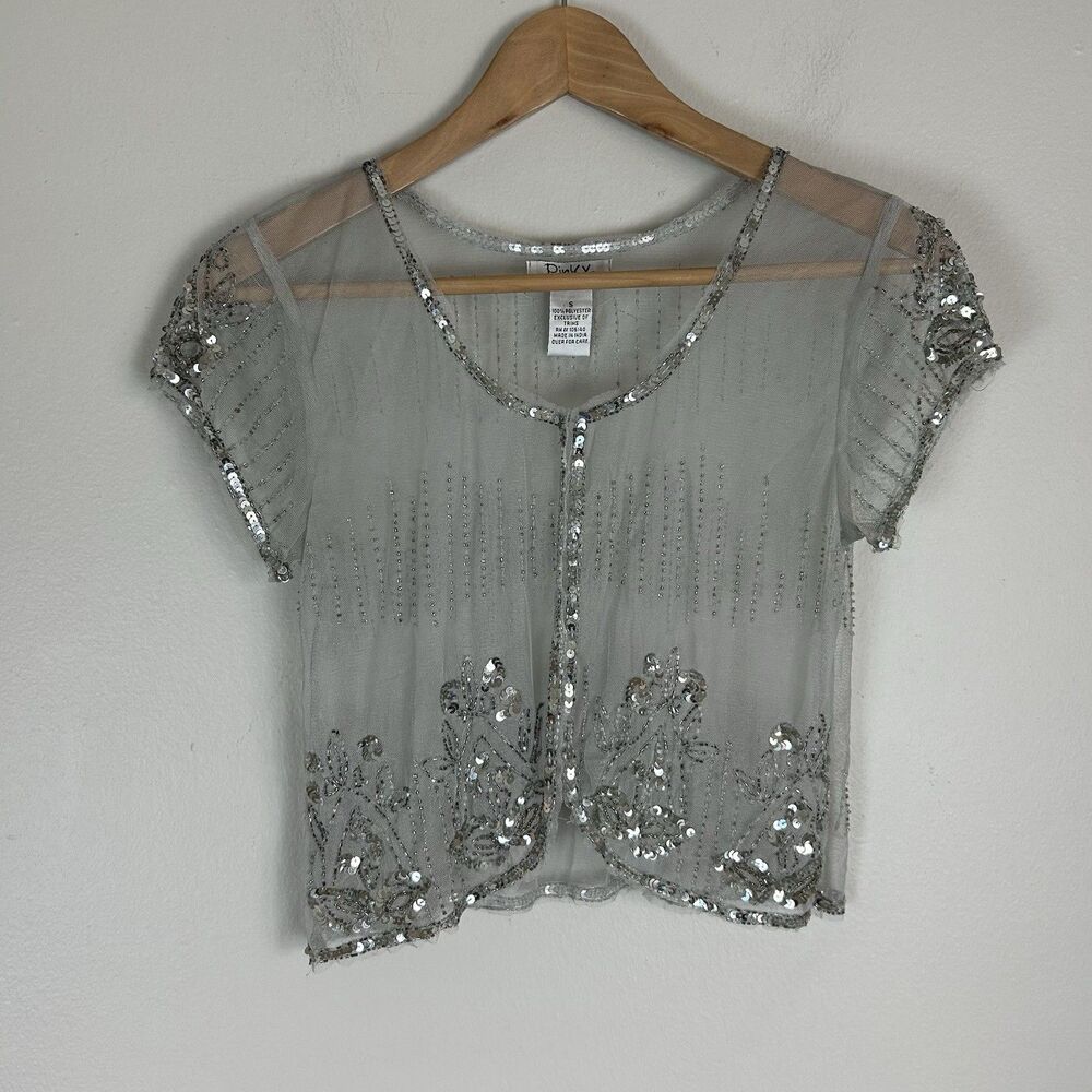 Y2K Vintage Sheer Bolero Top Mesh Sequin Beaded Embellished Glam Festival Fairy
